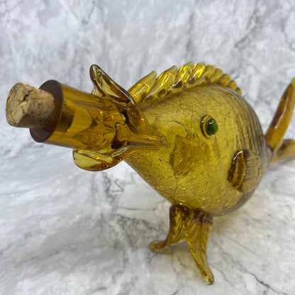 1960s MCM Hand-Blown Golden Honey Amber Crackle Glass Fish Decanter 17.5” TB4