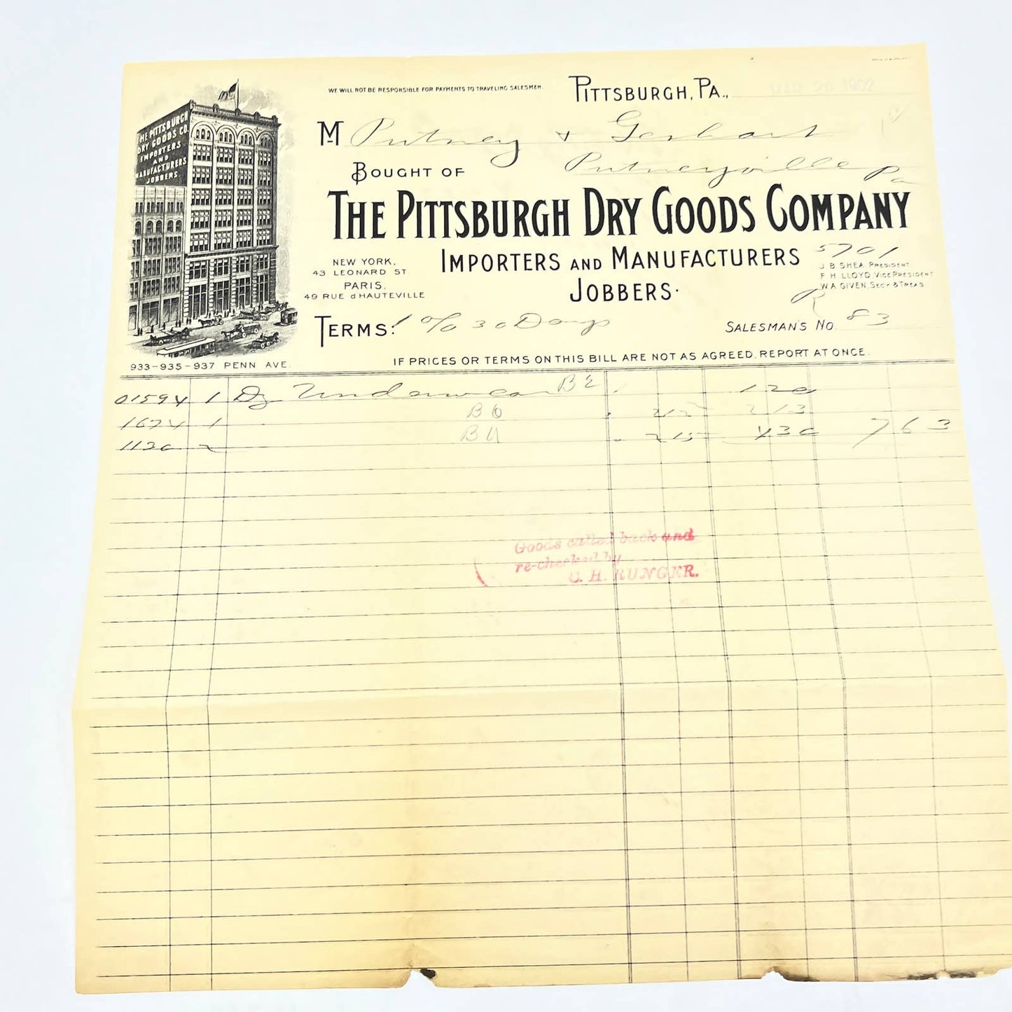 1902 The Pittsburgh Dry Goods Company Billhead Letterhead PA AC2