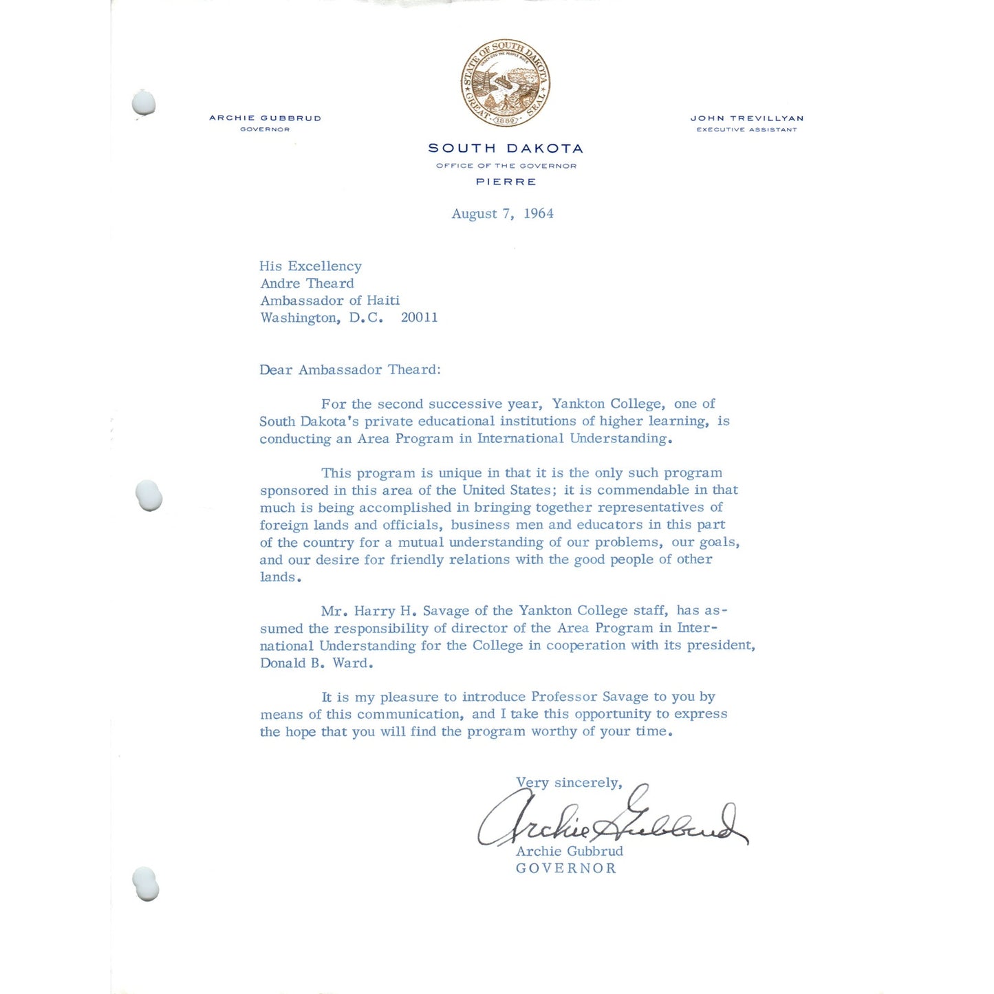 Official South Dakota Governor Letterhead Signed Archie Gubbrud Aug 1964 B15