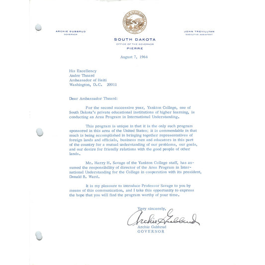 Official South Dakota Governor Letterhead Signed Archie Gubbrud Aug 1964 B15
