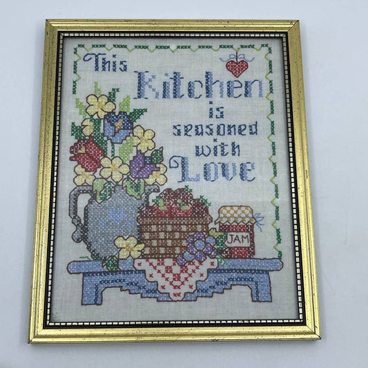 Vintage Framed Cross Stitch Sampler Art This Kitchen is Seasoned with Love TG3