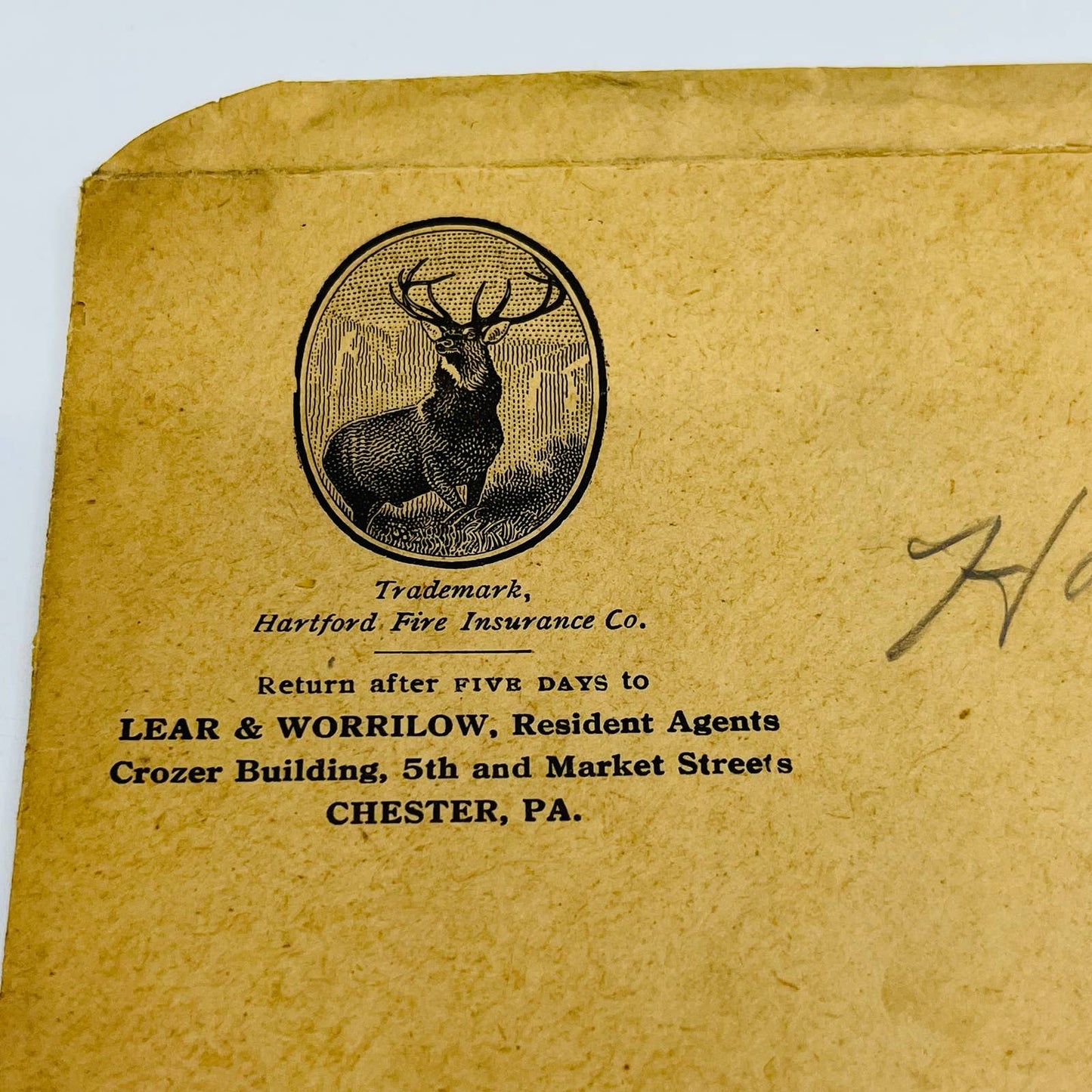 1920s Hartford Fire Insurance Co. Envelope Lear & Worrilow Chester PA D4