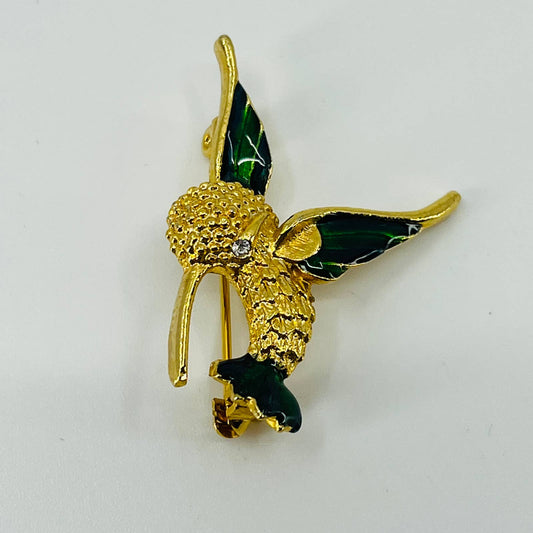Vintage Hummingbird Brooch Gold Tone Rhinestone Eye Green Enamel SA6