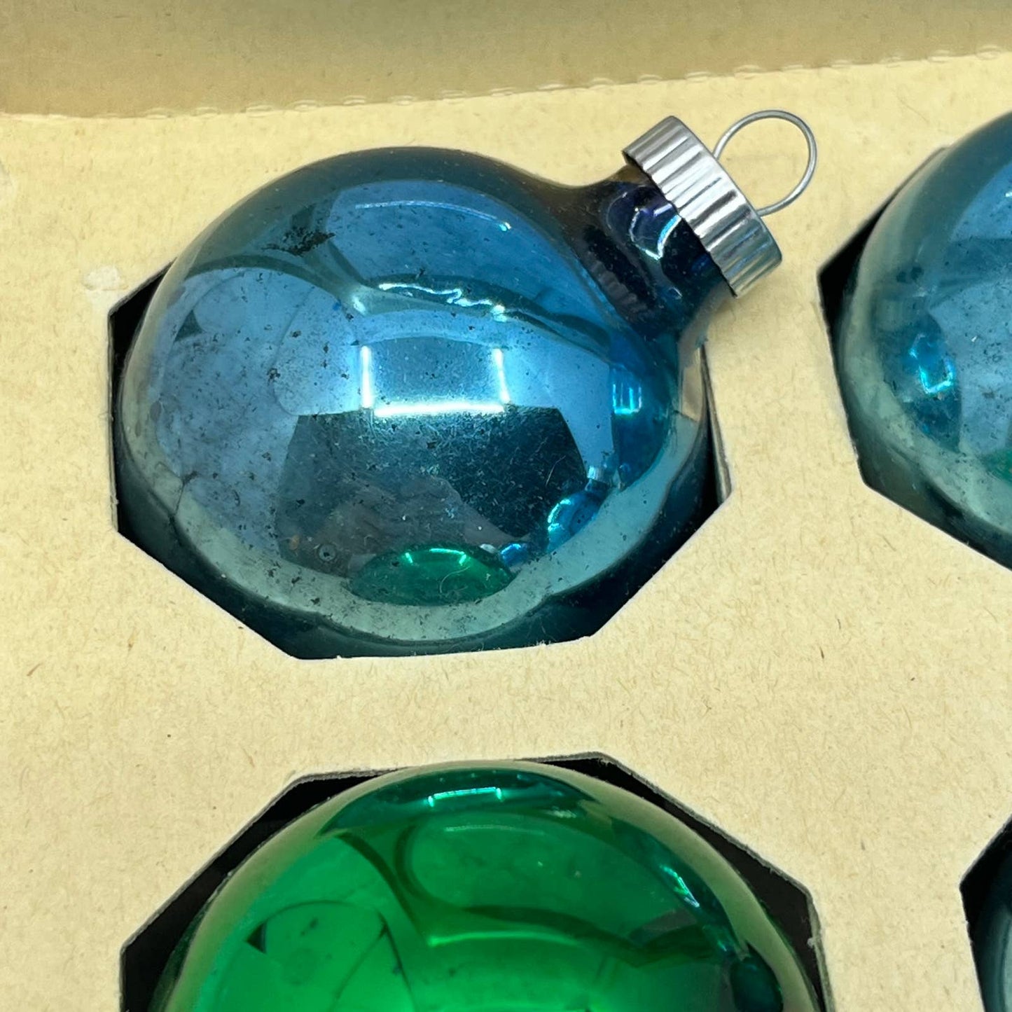 Shiny Brite 12 Vtg 1 3/4" Mercury Glass Ornaments Original Box Blue/Green TJ9