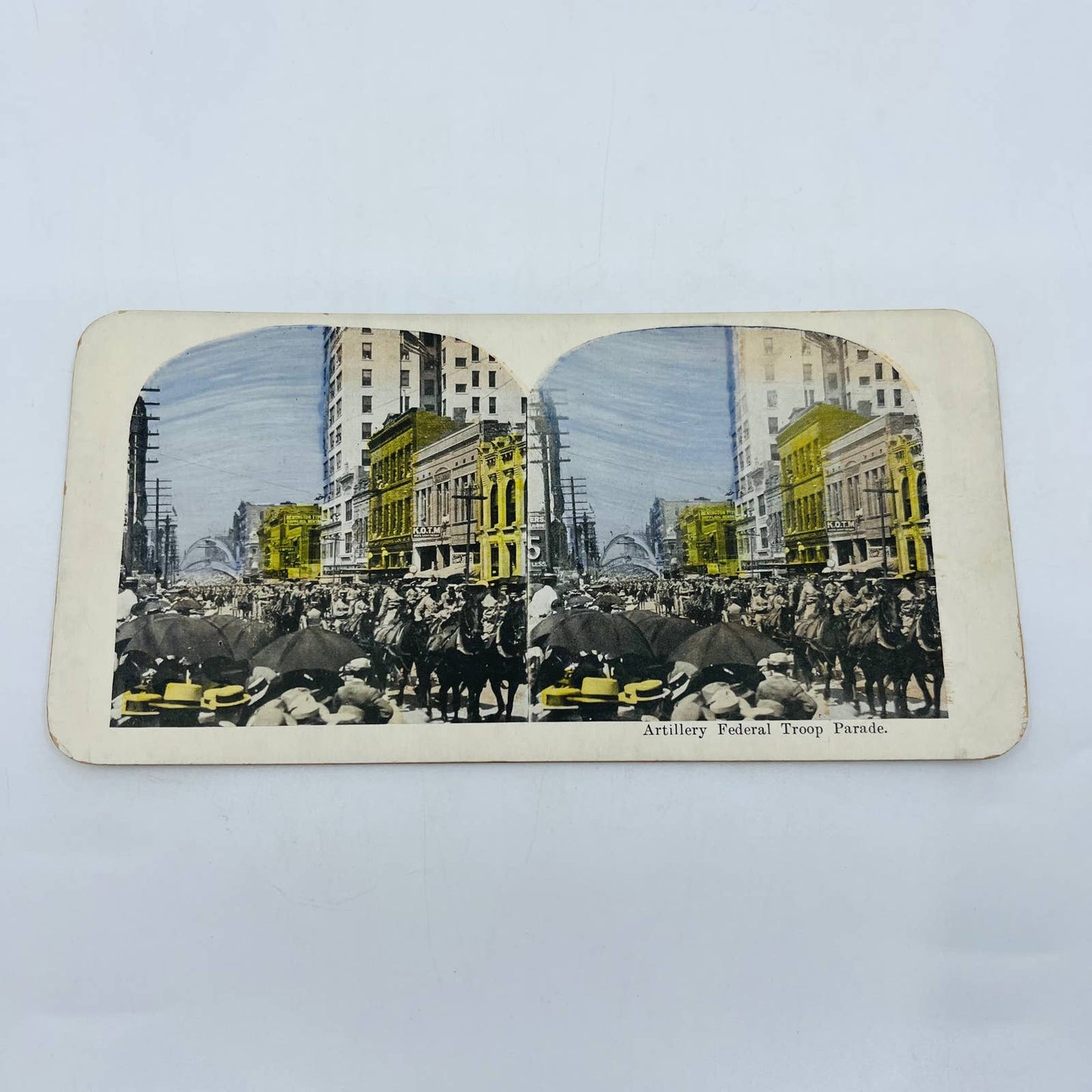 1898 Stereoview Card Tinted Spanish-American War Artillery Federal Troop Parade