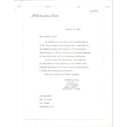 Italy Ambassador Egidio Ortona - Senator Mundt Letterhead Memo Xerox 1968 TK1-P6