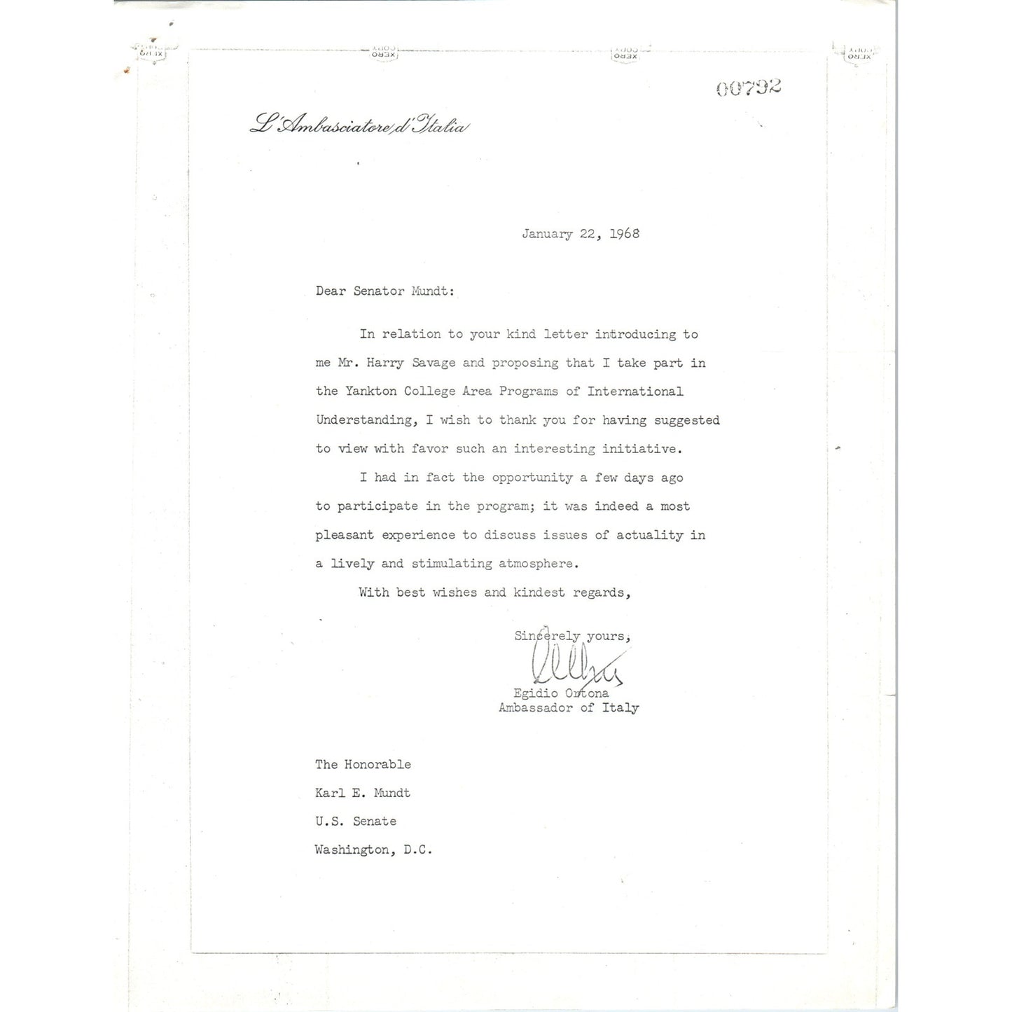 Italy Ambassador Egidio Ortona - Senator Mundt Letterhead Memo Xerox 1968 B11