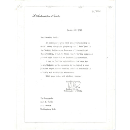 Italy Ambassador Egidio Ortona - Senator Mundt Letterhead Memo Xerox 1968 B11