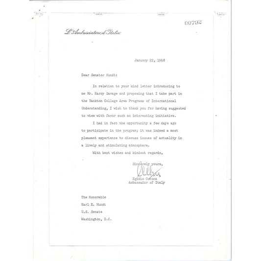 Italy Ambassador Egidio Ortona - Senator Mundt Letterhead Memo Xerox 1968 B11