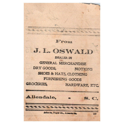 1913 J.L. Oswald General Merchandise Billhead Receipt Allendale SC SE4-1