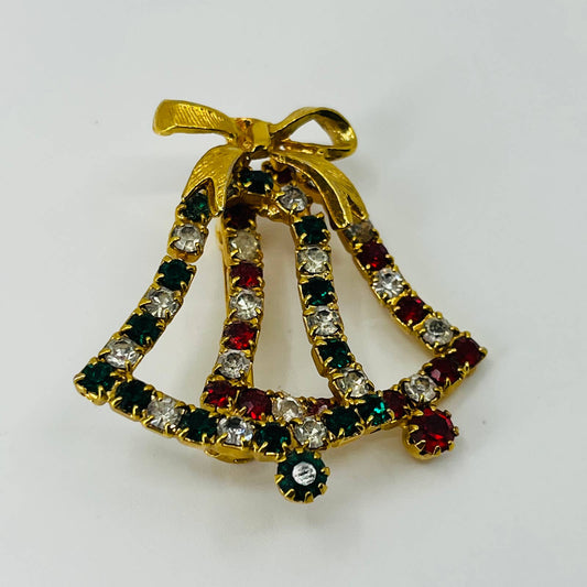 Vintage Rhinestone Christmas Bells Bow Pin Brooch Gold Tone SB2