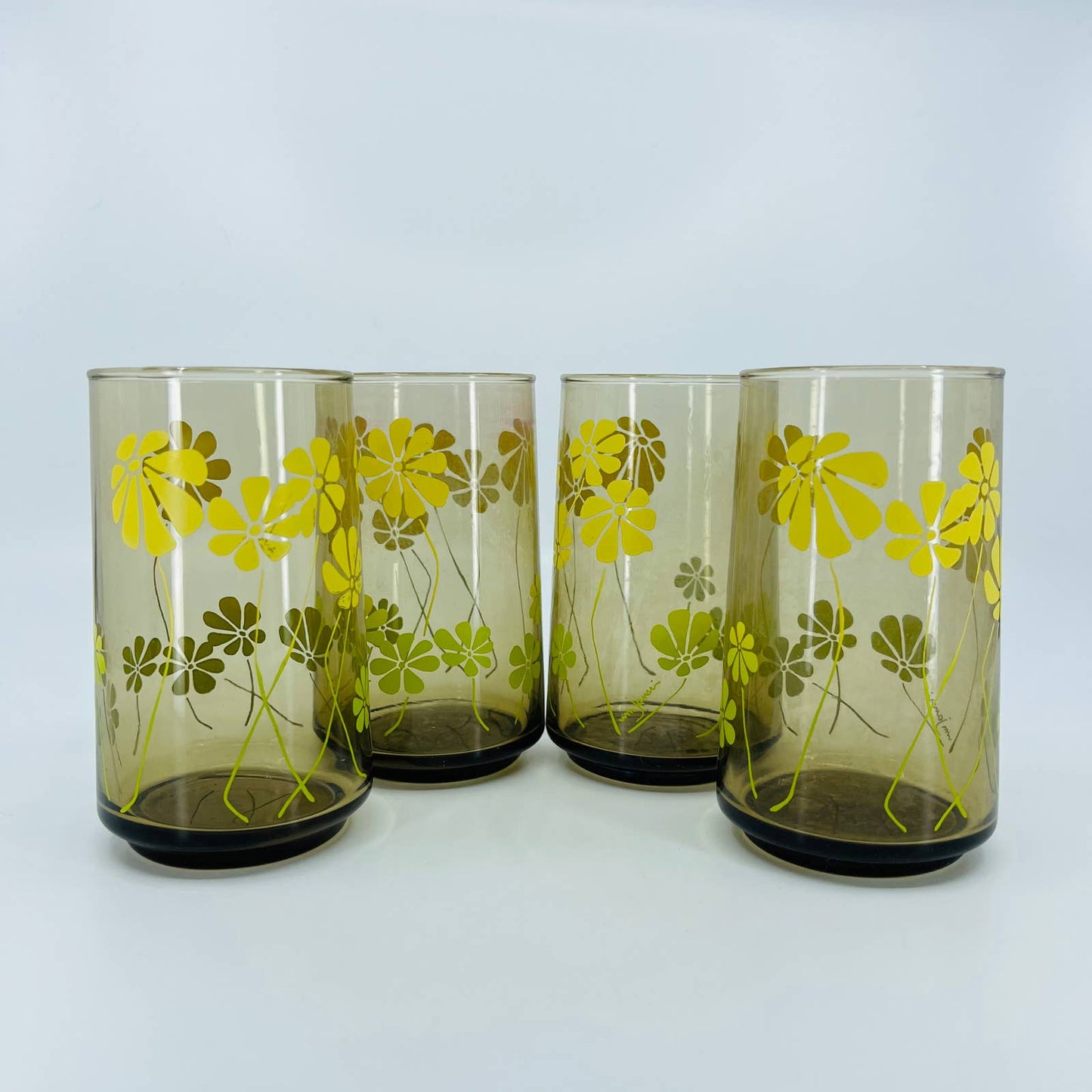 VTG 1970s MOD set of 4 Smoke Glass Daisy Highball Tumblers Signed WM Janeri TB8