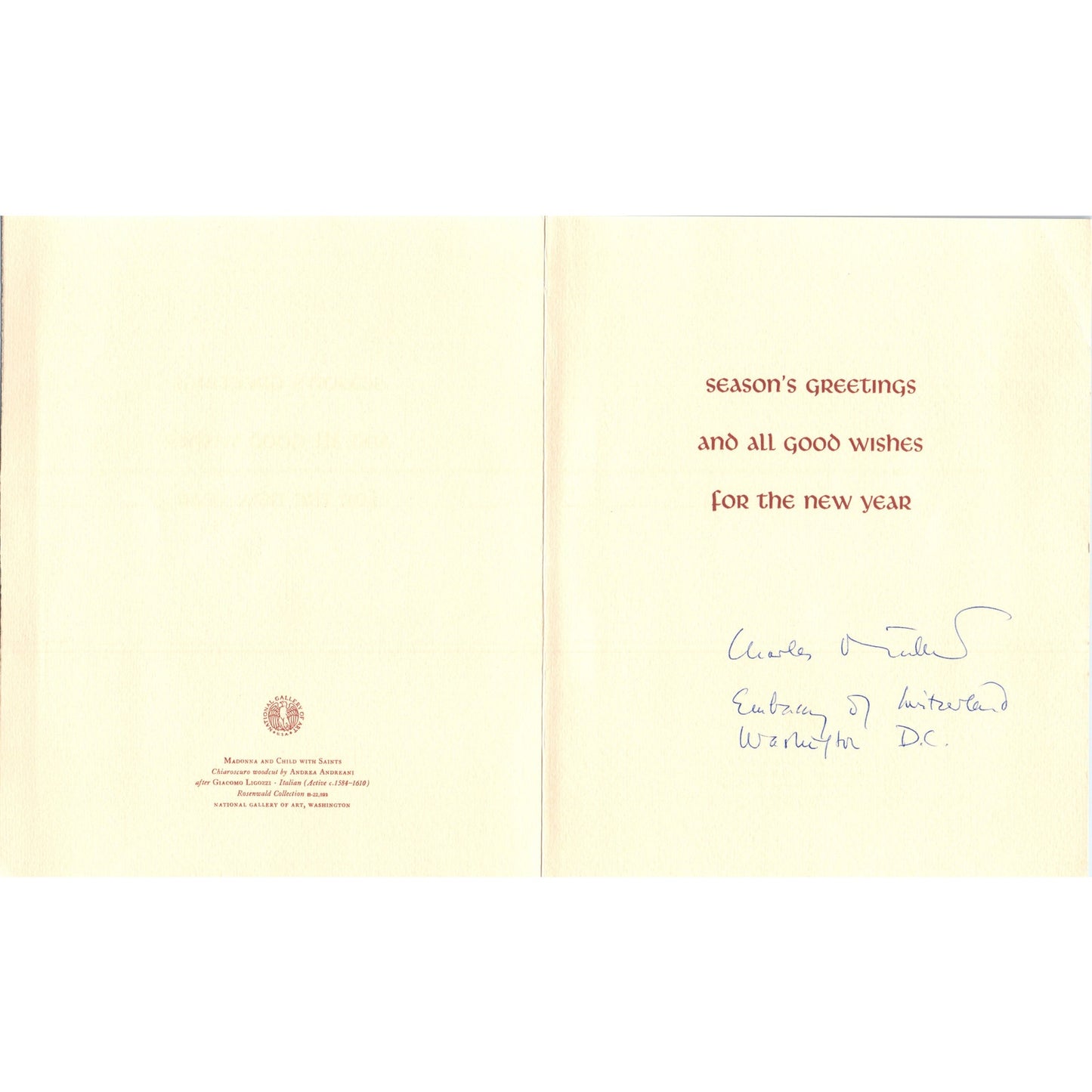 1960s Christmas Card from The Embassy of Switzerland B15
