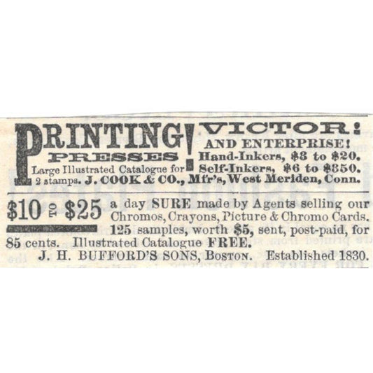 Victor Printing Presses J.H. Bufford's Sons Boston - Ad 1878 Original TJ7-L2-3