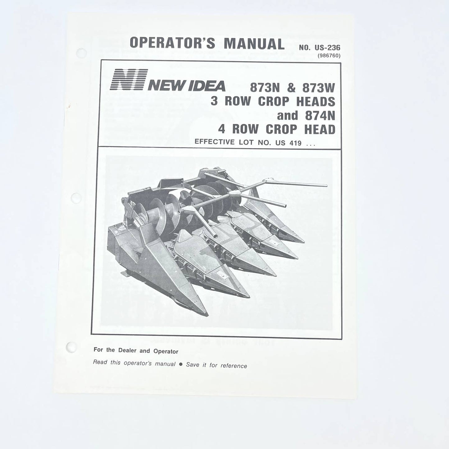 Original 1987 New Idea Operator's Manual 873N 873W 874N Crop Head TB9