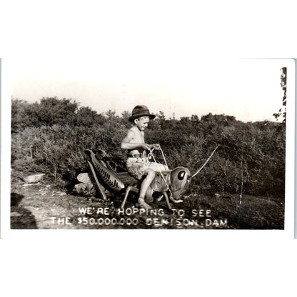 Antique Postcard RPPC Boy on Giant Grasshopper Denison Dam Texas SE8