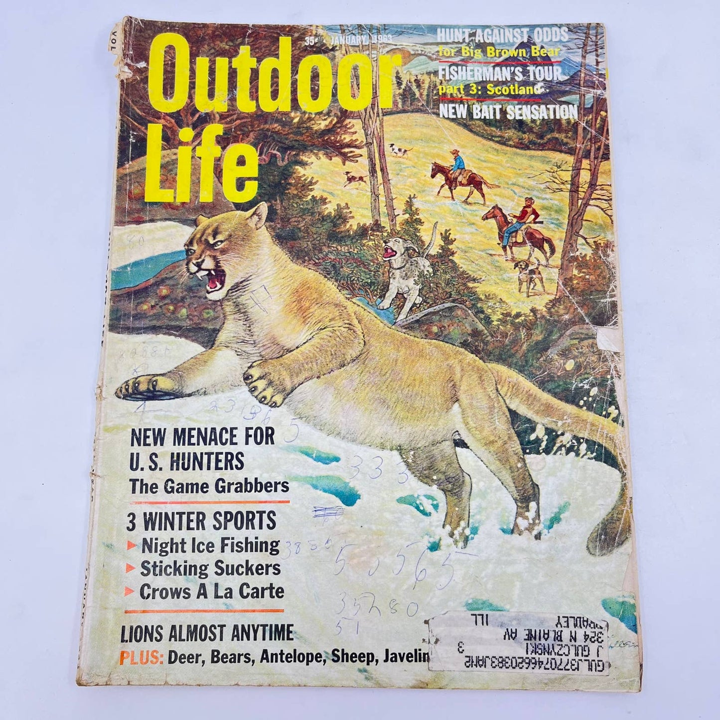 1963 Jan Outdoor Life Magazine Night Ice Fishing Mountain Lion Cougar TE8