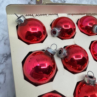 Shiny Brite 12 Vintage 1 3/4" Mercury Glass Ornaments Original Box Red/Pink TJ9