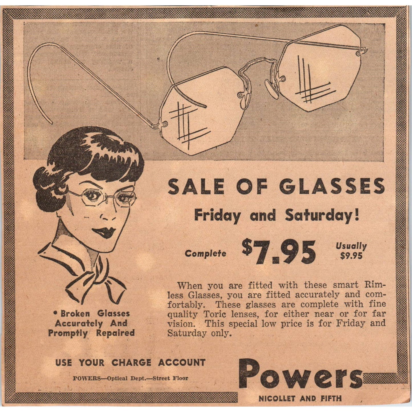 1935 Minneapolis Journal Newspaper Ad Powers Glasses Sale Nicollet FL5-5