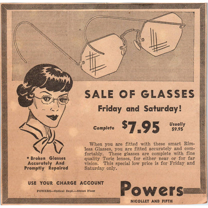 1935 Minneapolis Journal Newspaper Ad Powers Glasses Sale Nicollet FL5-5