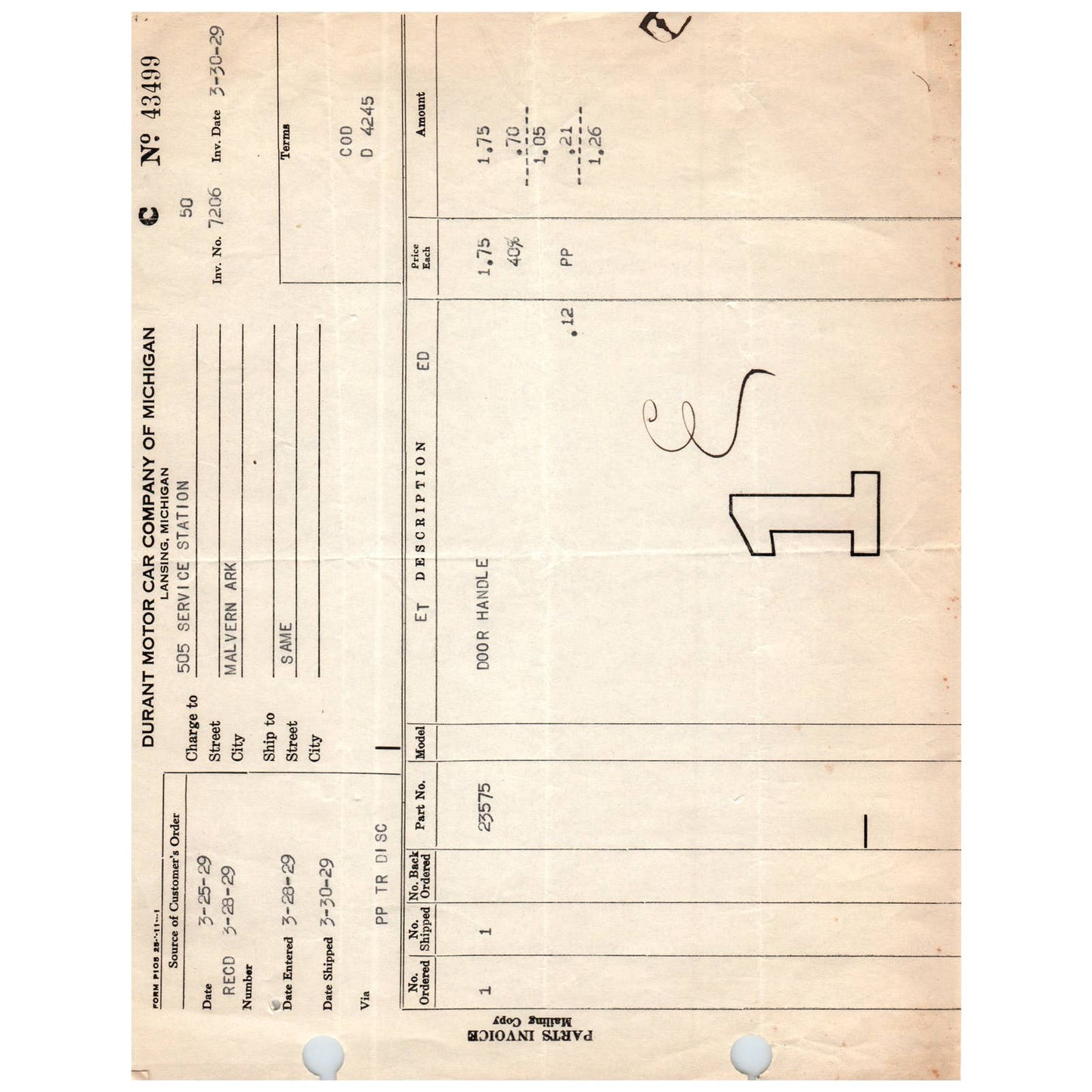 1929 3/30 Durant Motor Car Company Lansing MI Invoice Billhead Auto Parts AC9