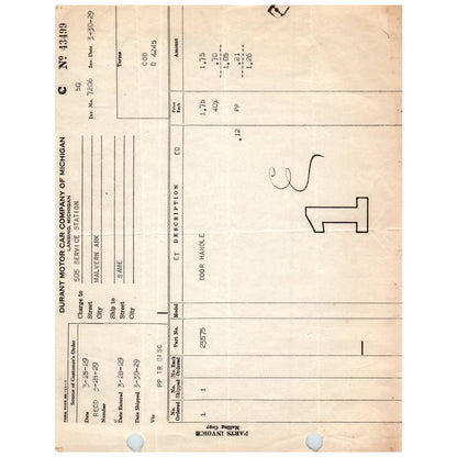 1929 3/30 Durant Motor Car Company Lansing MI Invoice Billhead Auto Parts AC9