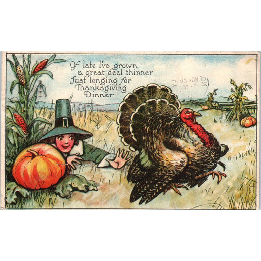 1917 Pilgrim and Turkey Cartoon Humor Original Postcard P2-11