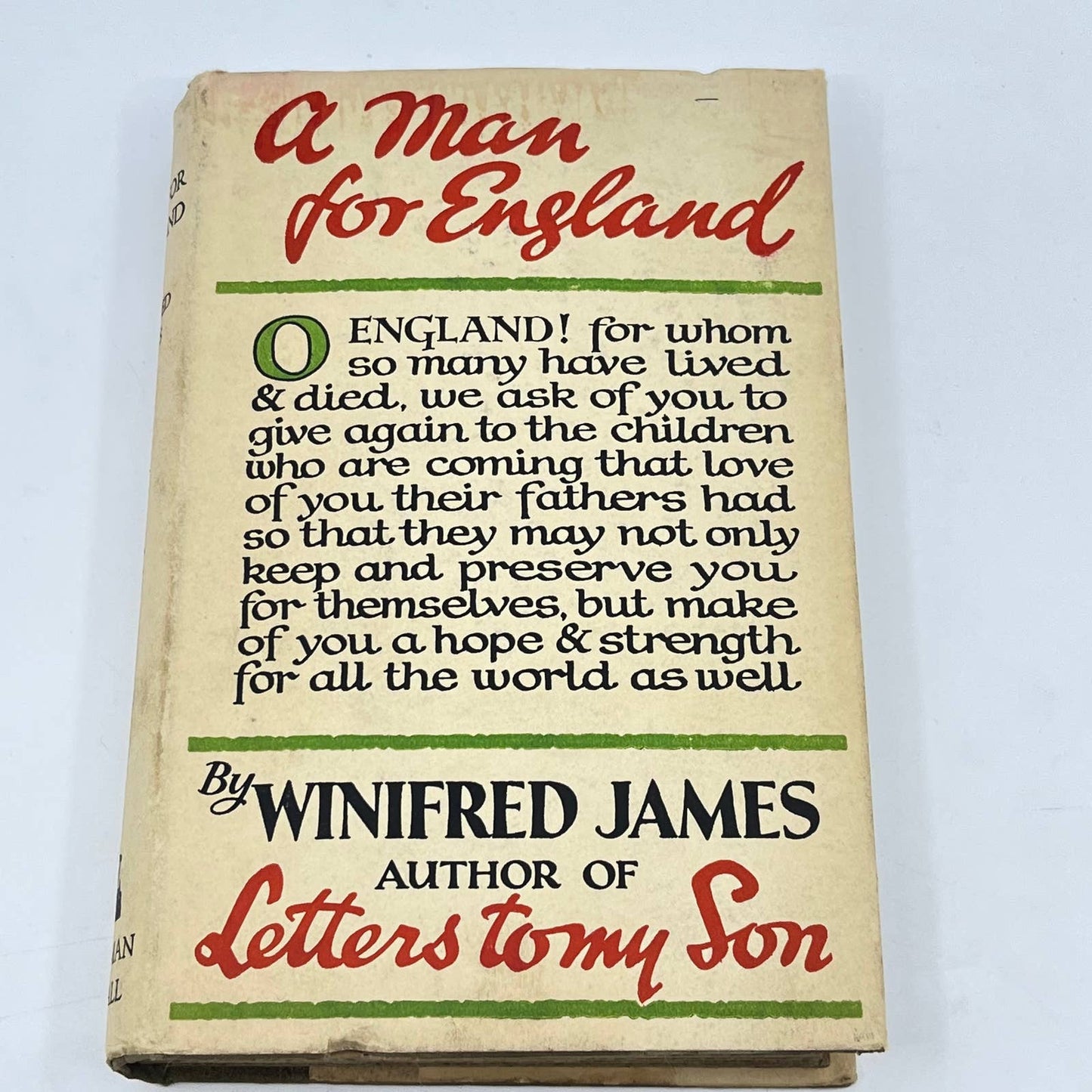 1930 A Man for England Winifred James Hardcover Dust Jacket TE8