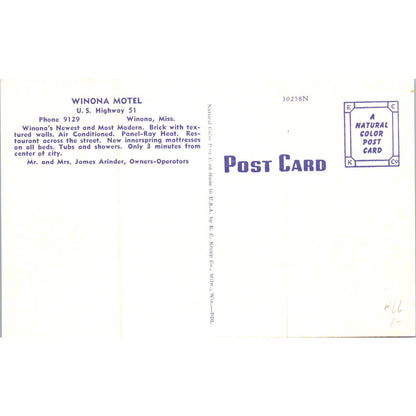 Winona Hotel James Arinder Winona Mississippi Original Postcard TK1-P19