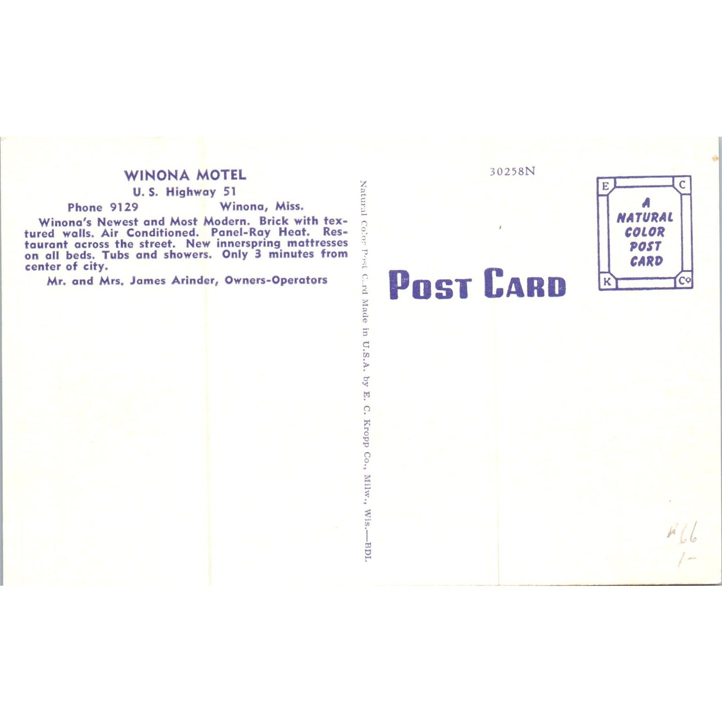 Winona Hotel James Arinder Winona Mississippi Original Postcard P2-4