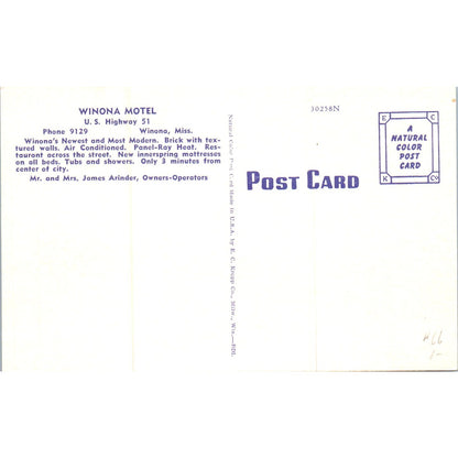 Winona Hotel James Arinder Winona Mississippi Original Postcard P2-4