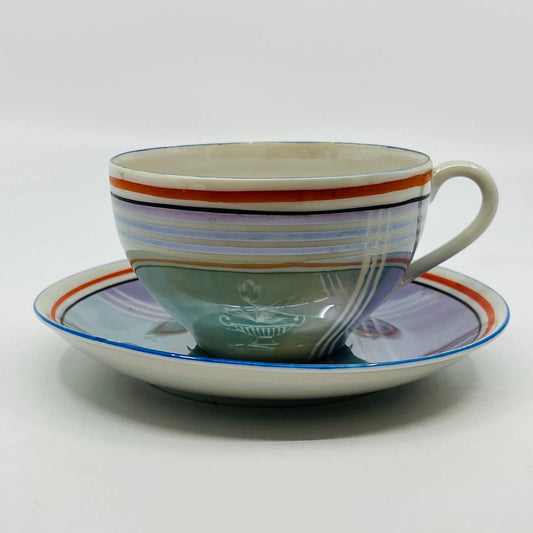 Vtg RARE Japanese Iridescent Opal Lusterware Blue Stripe Cup and Saucer Set TC2