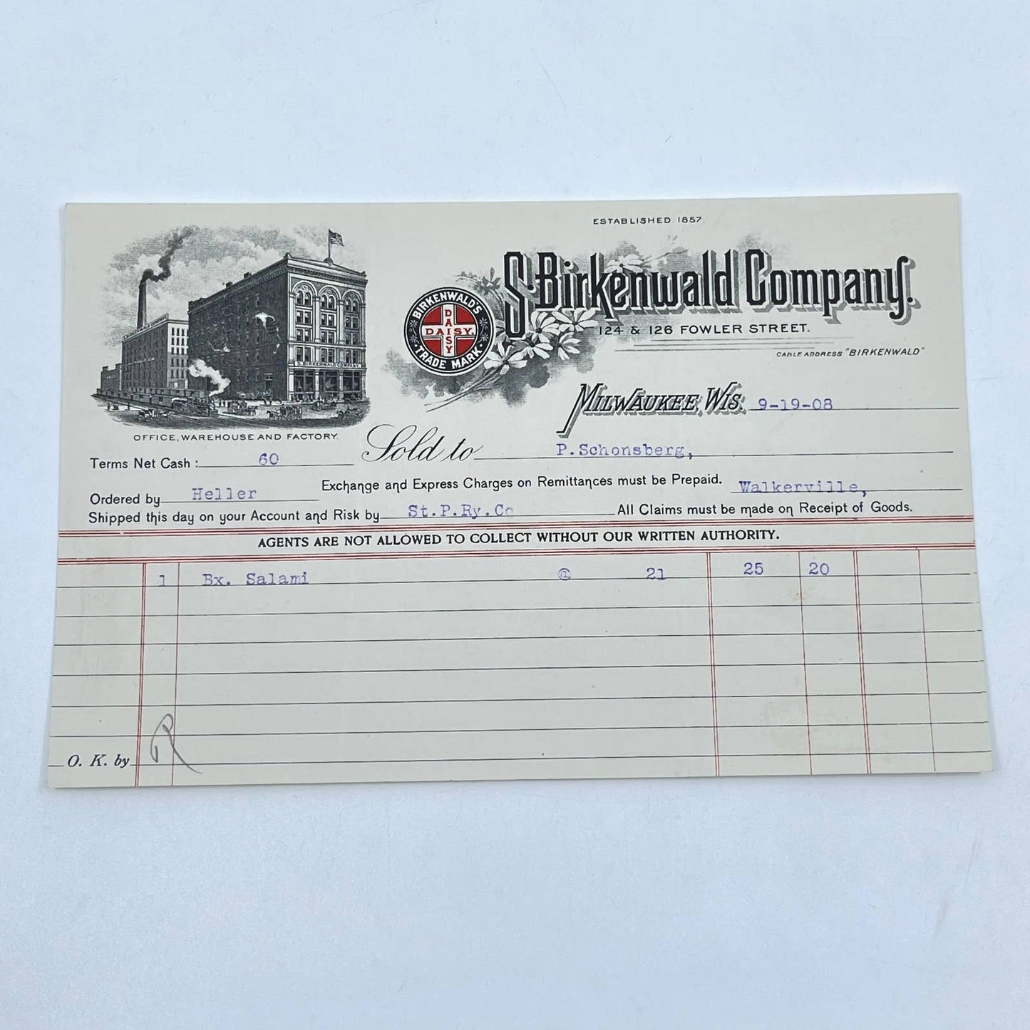 1908 S. Birkenwald Daisy Co. Letterhead Milwaukee WI AB5