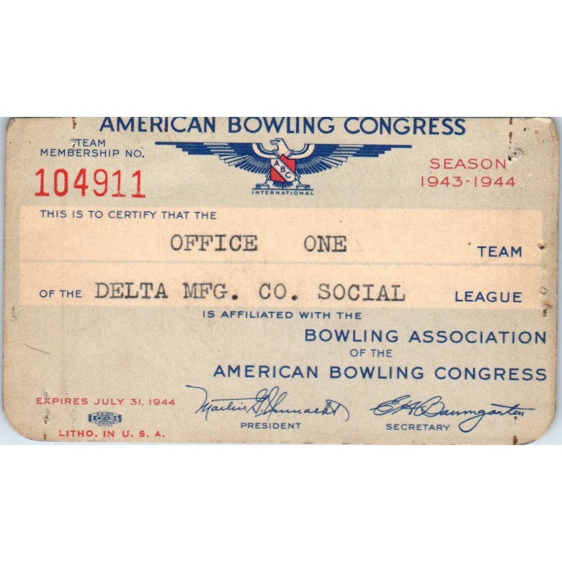 1943 American Bowling Congress Milwaukee Membership Card Delta Mfg Social SE5-31