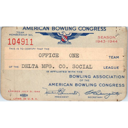1943 American Bowling Congress Milwaukee Membership Card Delta Mfg Social SE5-31