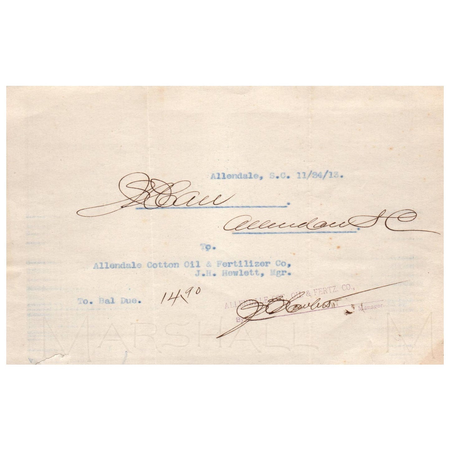 1913 Billlhead Allendale Cotton Oil & Fertilizer Co J.H. Hewlett SC AD1