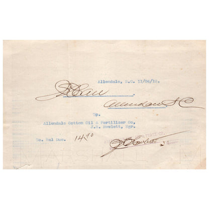 1913 Billlhead Allendale Cotton Oil & Fertilizer Co J.H. Hewlett SC AD1
