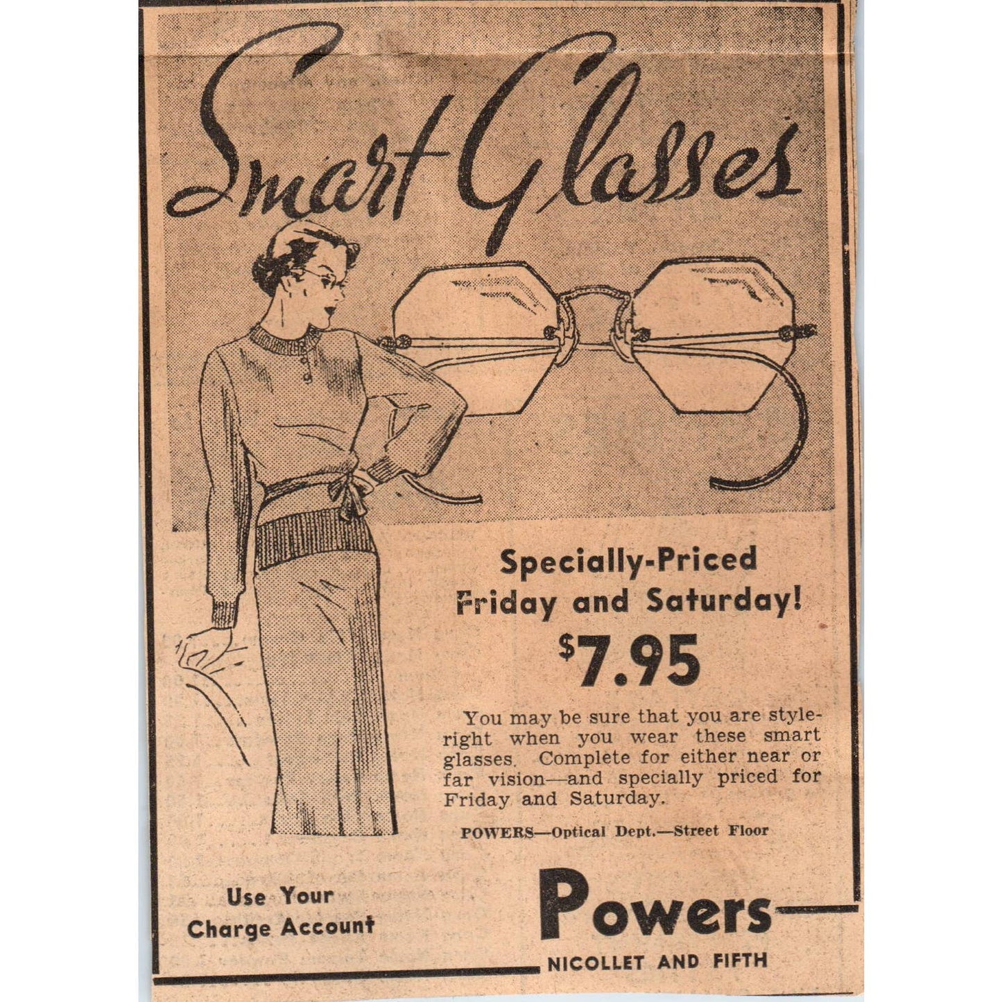 1935 Minneapolis Journal Newspaper Ad Powers Smart Glasses Nicollet & 5th FL5-5