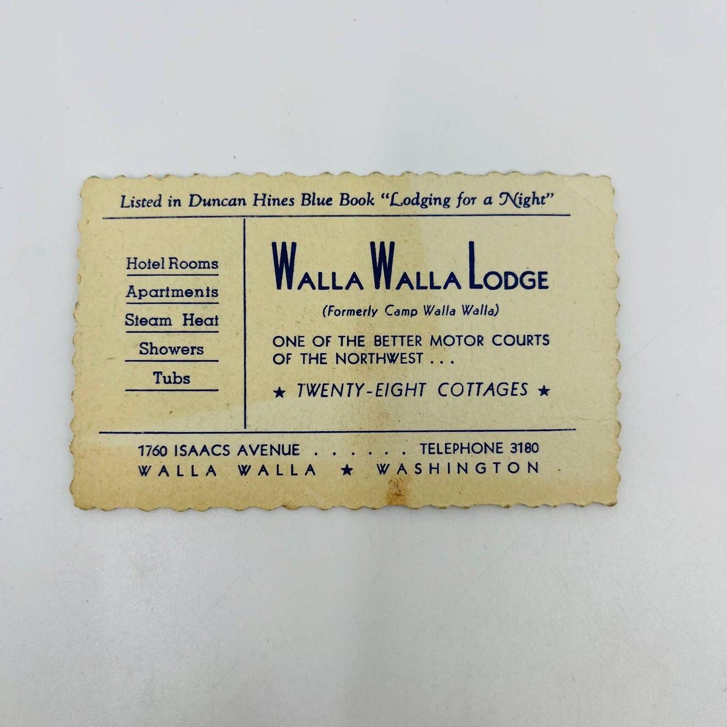 1950s Business Card Walla Walla Lodge Washington Lodging Hotel SA7