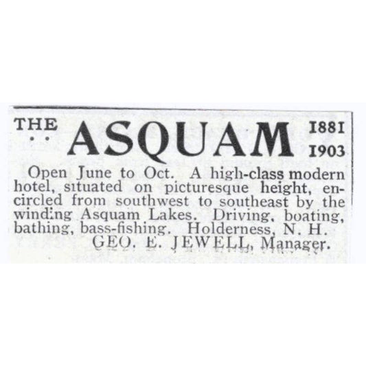 The Asquam Hotel Holderness NH Geo. E. Jewell - 1903 Original Ad TJ8-7-8