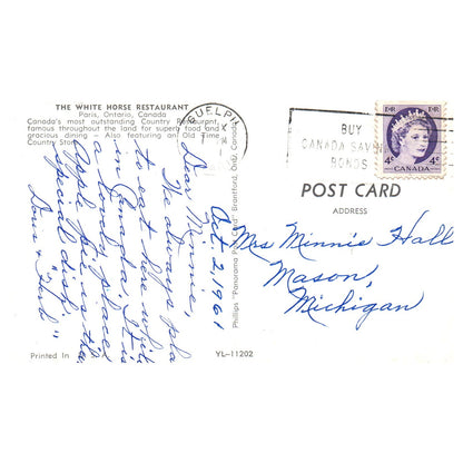 Vintage Postcard - The White Horse Restaurant Paris Ontario Canada 1961 P4-6