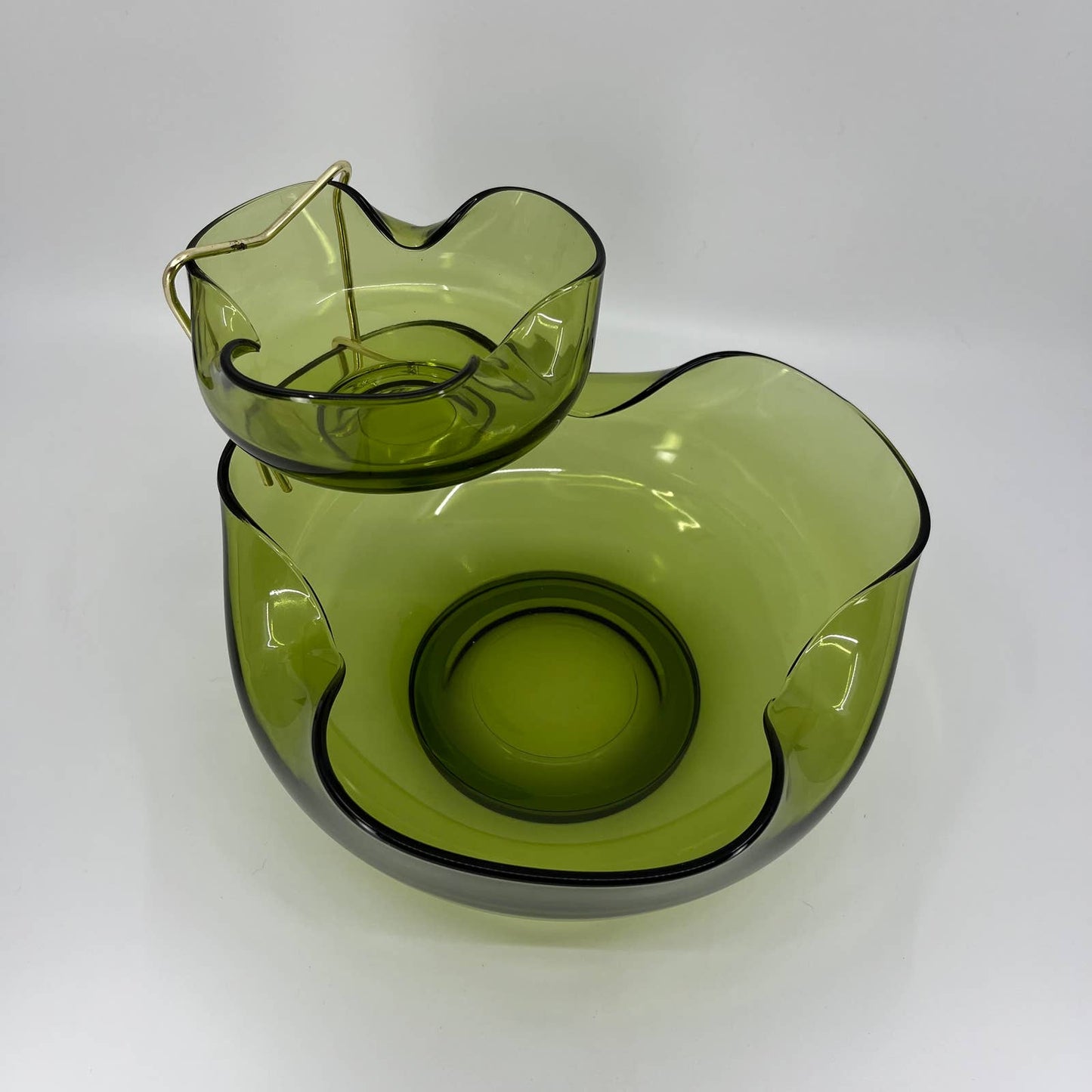 Vintage Anchor Hocking Pinched Avocado Green Glass Chip & Dip Set Bowl 9.25” TB3
