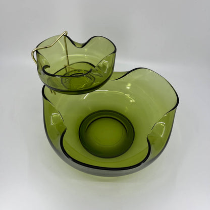 Vintage Anchor Hocking Pinched Avocado Green Glass Chip & Dip Set Bowl 9.25” TB3