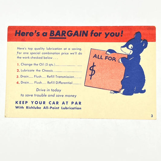 c1940 Ad Postcard Richlube All-Point Automobile Lubrication Bear AB6