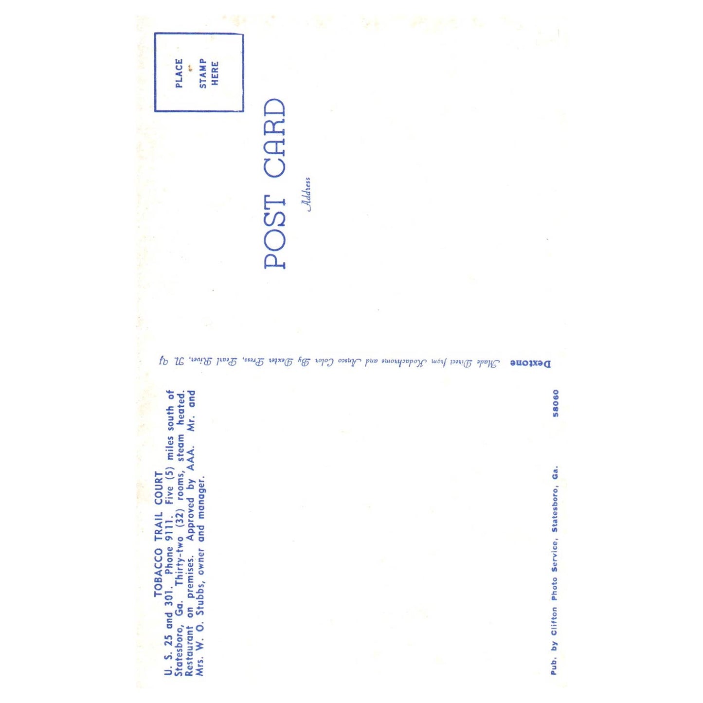 Tobacco Trail Court Statesboro Georgia W.O. Stubbs  - Postcard TJ8-2