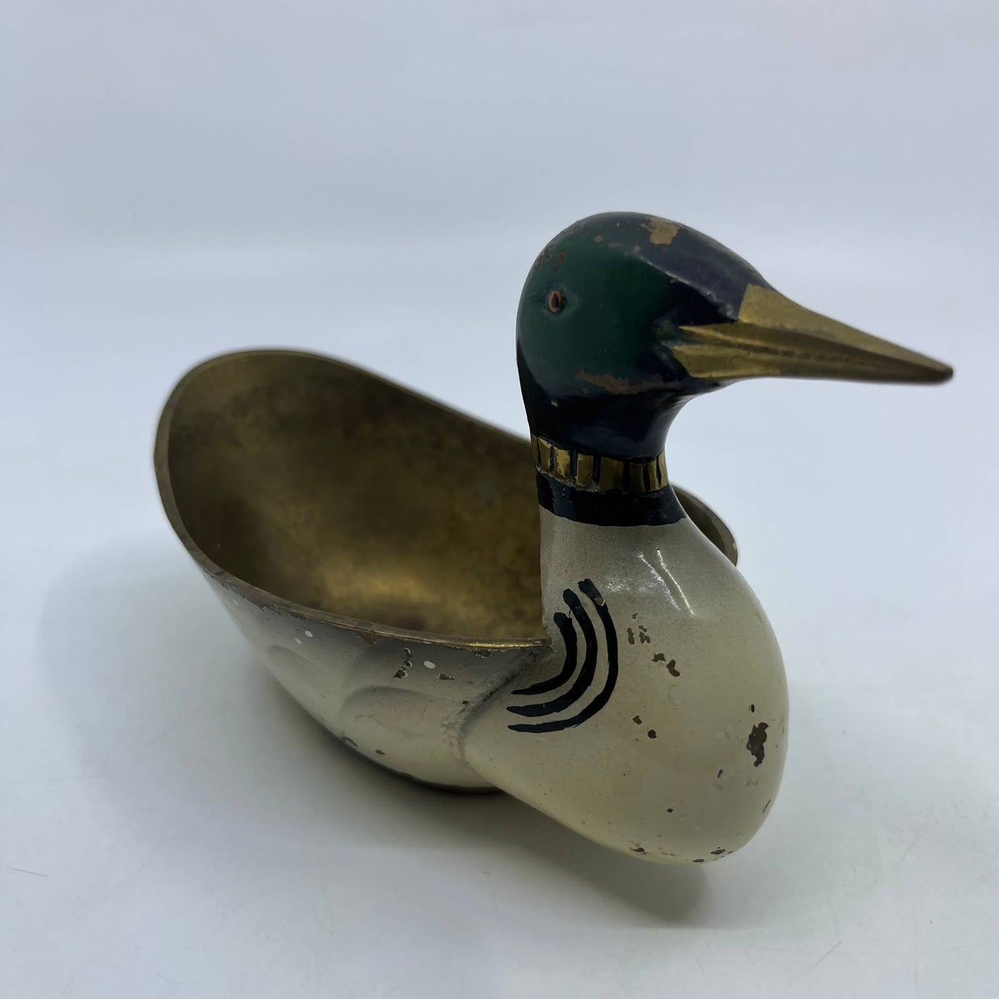 Vtg MCM Hand Painted Solid Brass Mallard Duck Brass Trinket Candy Dish 7" TH8-2