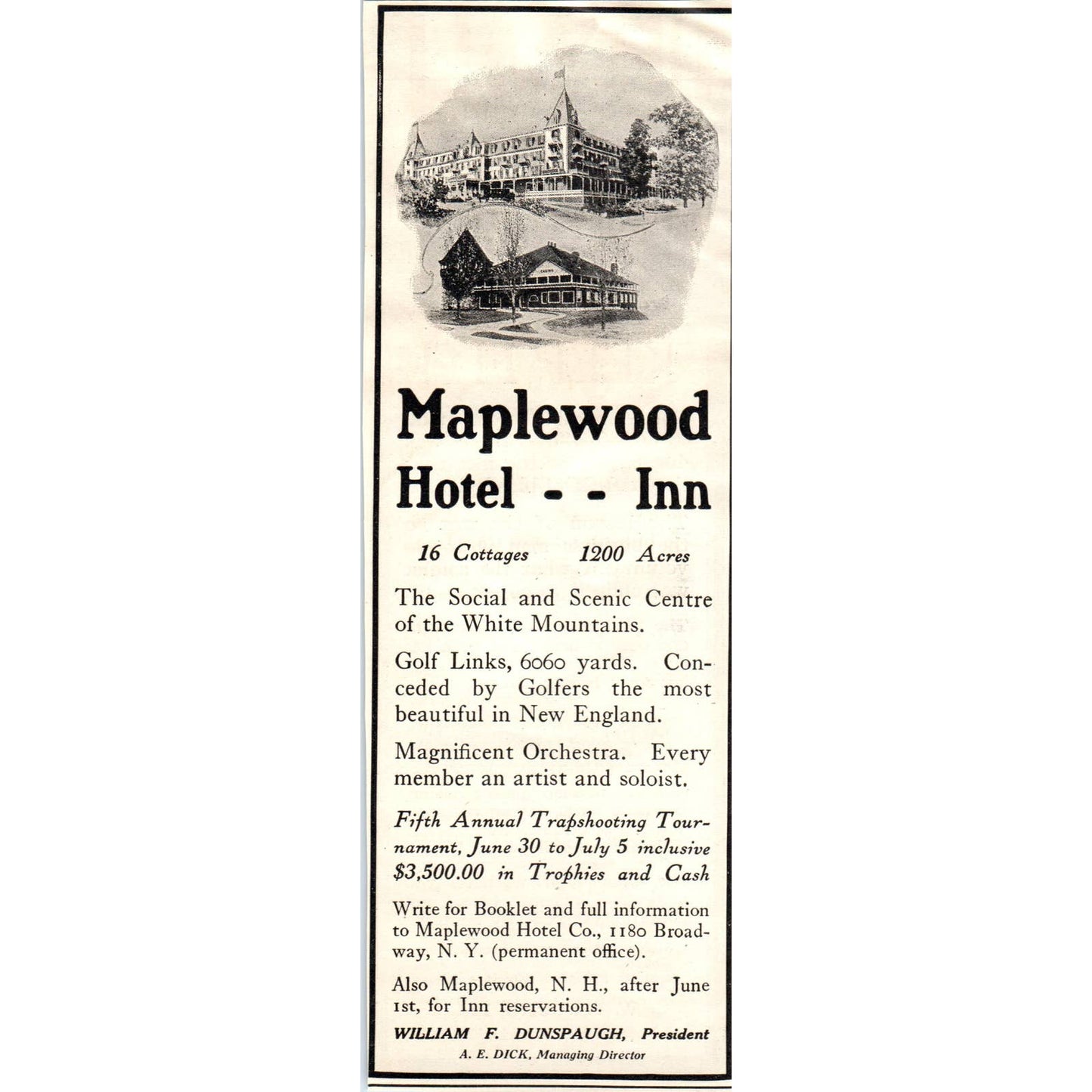 c1920 Harper's Ad - Maplewood NH Hotel -- Inn Golf Course William Dunspaugh EA3