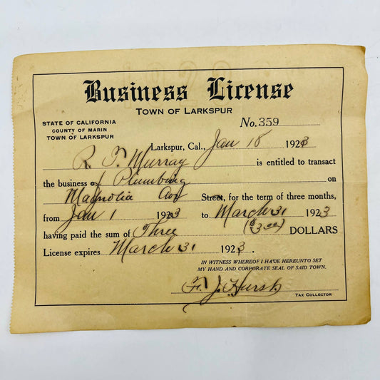 1923 Larkspur CA Business License Certificate for Plumber RJ Murray C12