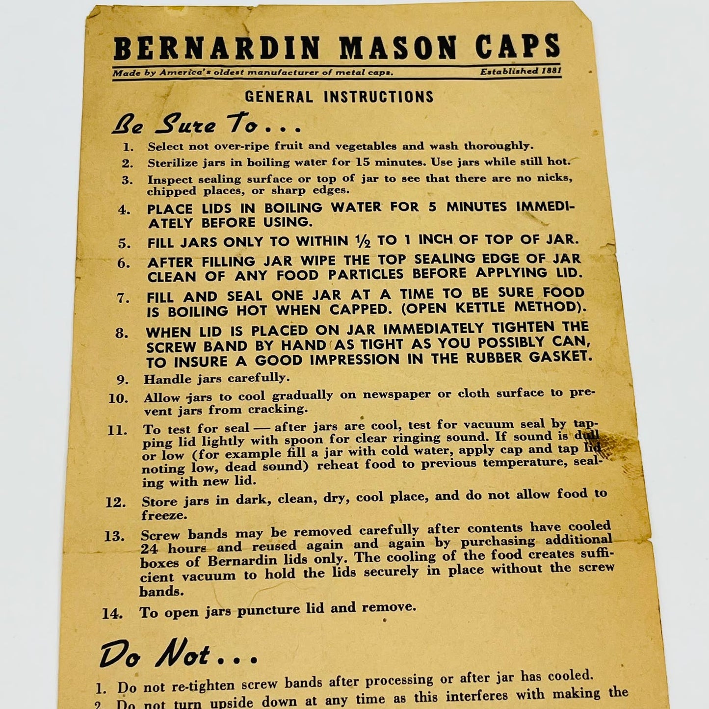 1940s Bernardin Mason Caps Canning Instructions Leaflet Fold Out D2