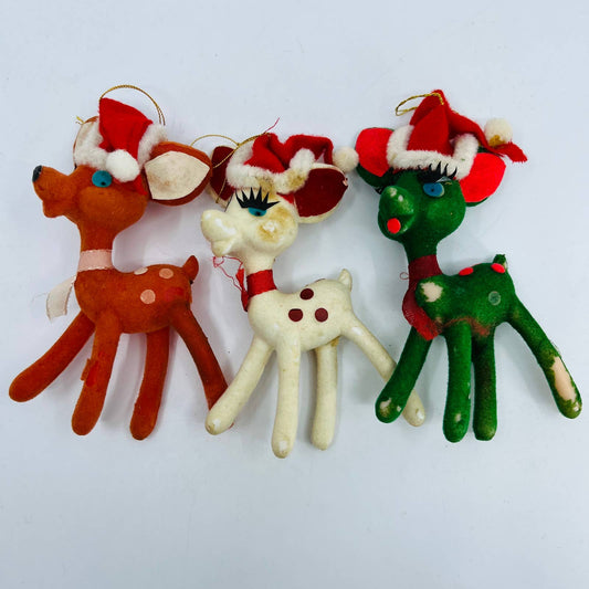 Vintage Celluloid Felt Flocked Santa Deer Christmas Tree Ornament 4" Set 3 TD2